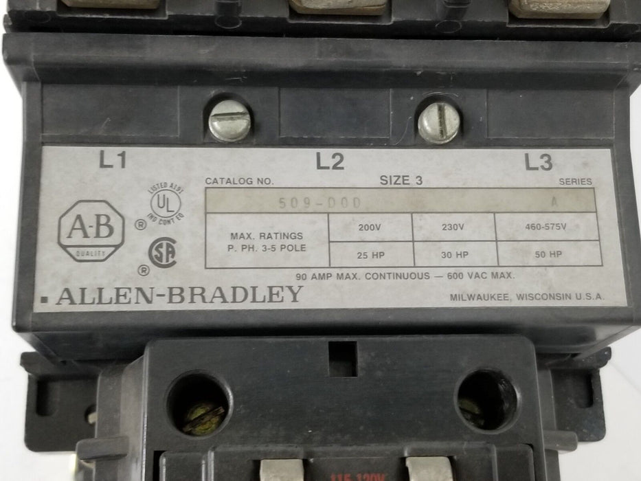 ALLEN BRADLEY 509-DOD STARTER SER A, SIZE 3, 90A, 600VAC, 509DOD