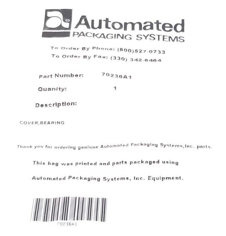 NEW AUTOMATED PACKAGING SYSTEMS 70236A1 COVERS / BEARING