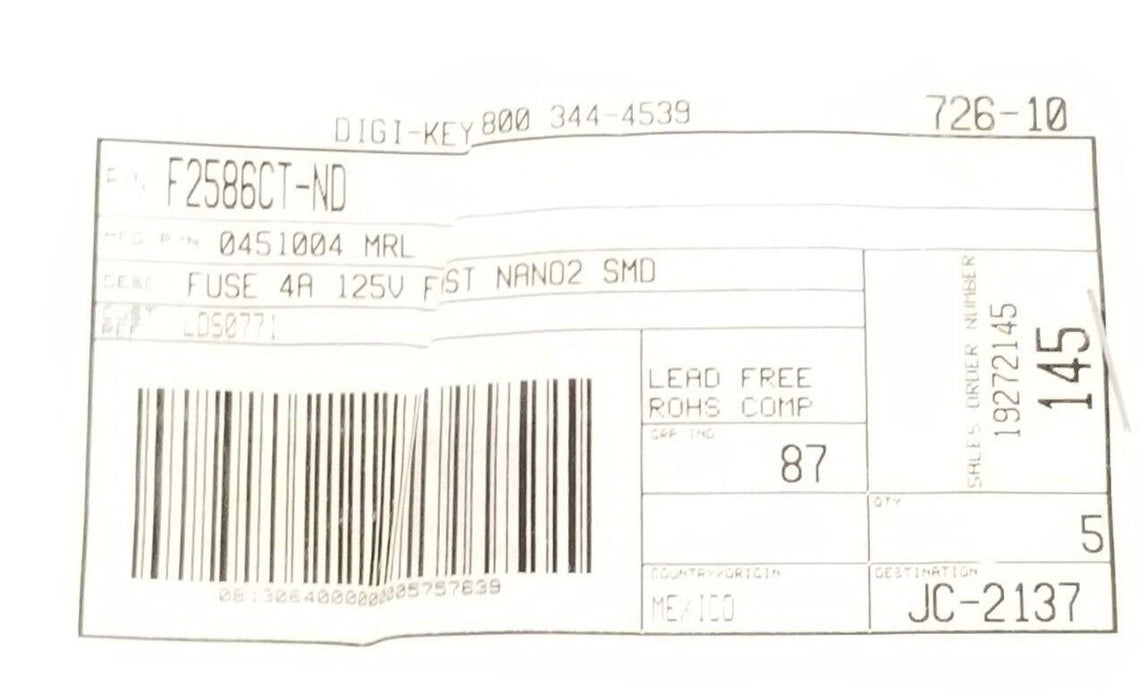 LOT OF 5 NEW DIGI-KEY 0451004.MRL FUSES 4A 125V FAST NANO2 SMD F2586CT-ND