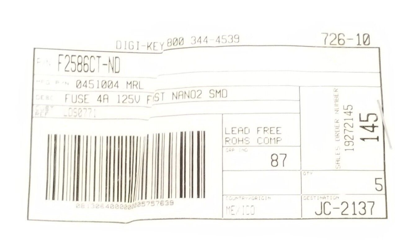 LOT OF 5 NEW DIGI-KEY 0451004.MRL FUSES 4A 125V FAST NANO2 SMD F2586CT-ND