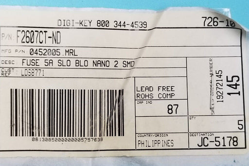 LOT OF 5 NEW DIGI-KEY 0452005.MRL FUSES 5A SLO BLO NANO 2 SMD F2607CT-ND