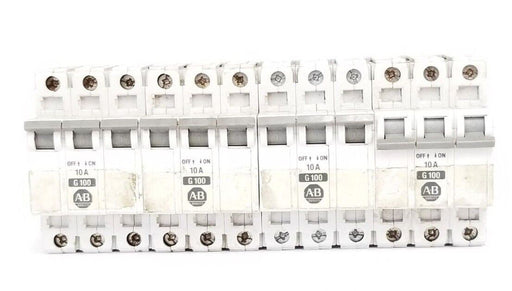 LOT OF 4 ALLEN BRADLEY 1492-CB-3-G-100 CIRCUIT BREAKERS SER. B, 10A, 3-POLE