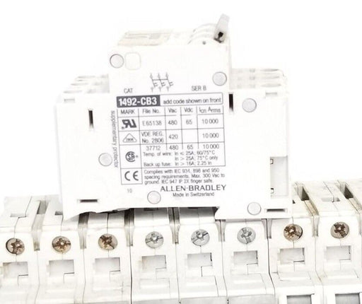 LOT OF 4 ALLEN BRADLEY 1492-CB-3-G-100 CIRCUIT BREAKERS SER. B, 10A, 3-POLE