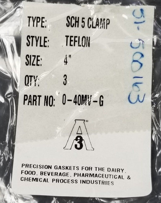 LOT OF 3 NEW PURESERVE SYSTEMS A3 0-40MV-G TEFLON SCH 5 CLAMP GASKETS 4''