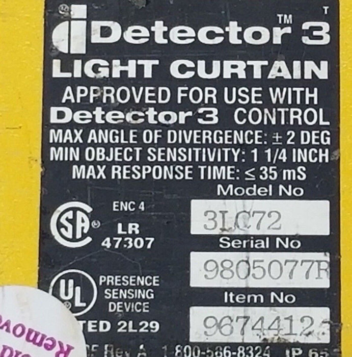 HONEYWELL 3LC72 LIGHT CURTAIN DETECTOR 3 TRANSMITTER 72'' 9674412 (REPAIRED)