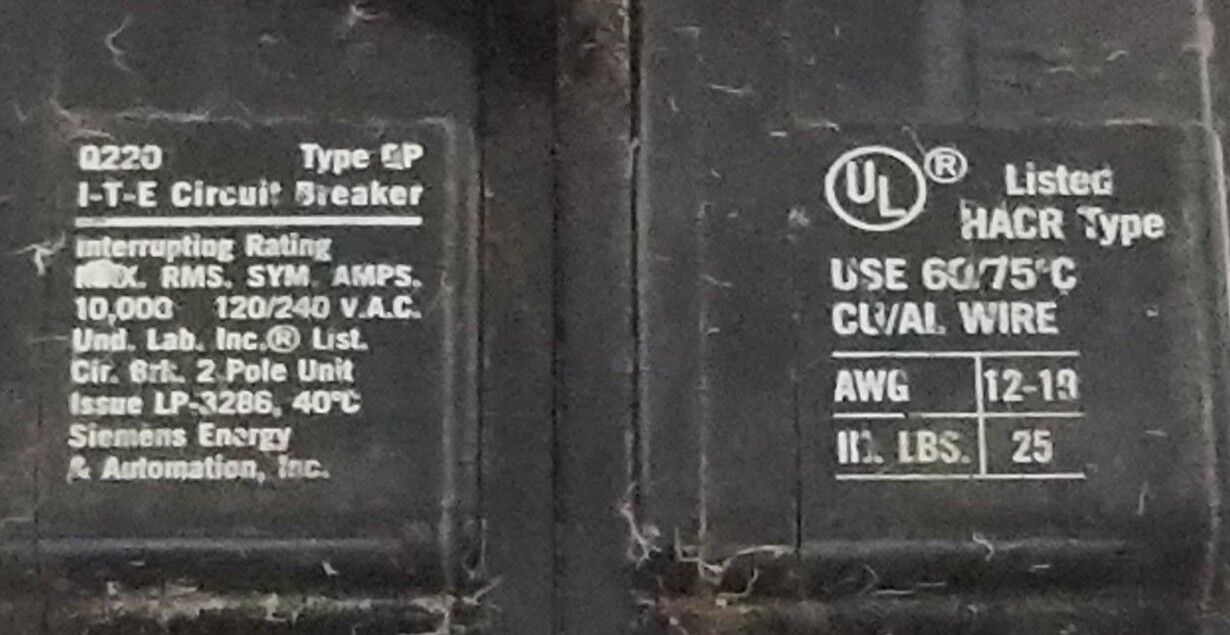 I-T-E Q220 TYPE QP CIRCUIT BREAKER 10Ka, 120/240V, 2P, 20A