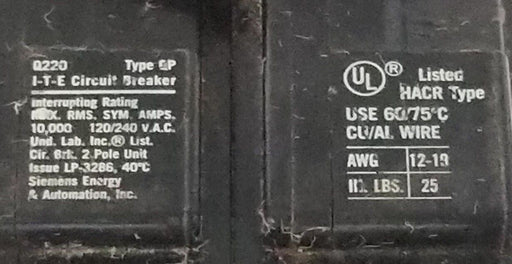 I-T-E Q220 TYPE QP CIRCUIT BREAKER 10Ka, 120/240V, 2P, 20A