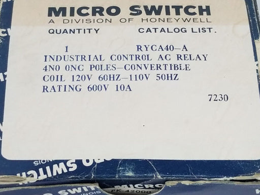 NIB HONEYWELL MICRO SWITCH RYCA40-A INDUSTRIAL CONTROL AC RELAY COIL 120V