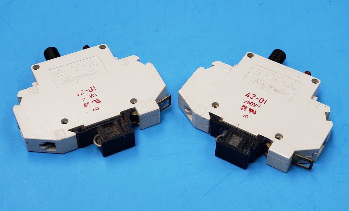 LOT OF 2 E-T-A MAGNETIC 42-01 CIRCUIT BREAKERS 250VAC, 1POLE, 4201