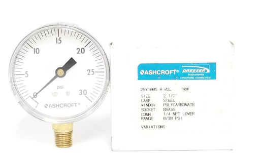 NEW ASHCROFT 25W1005 H 02L 30# PRESSURE GAUGE 0-30PSI, 25W1005H02L