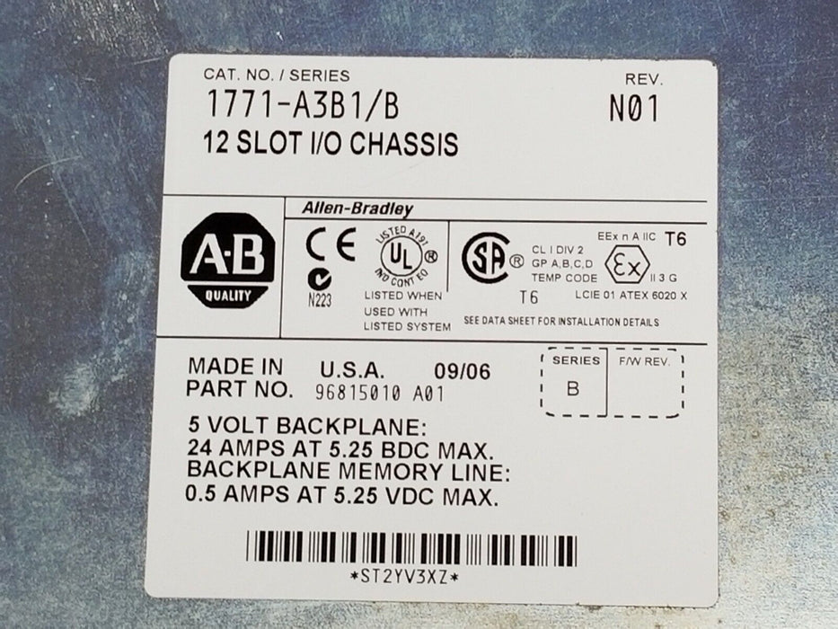 ALLEN-BRADLEY 1771-A3B1/B 12 SLOT I/O CHASSIS 1771A3B1 W/ 1771-P7 POWER SUPPLY