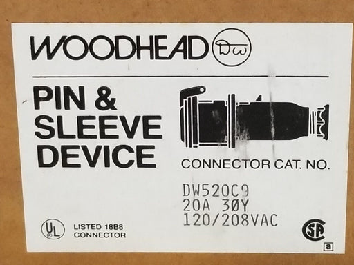 NIB WOODHEAD PIN & SLEEVE DEVICE CONNECTOR CAT. NO. DW520C9, 20A, 120/208VAC