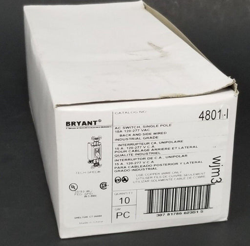 BOX OF 10 NEW BRYANT 4801-I AC SWITCHES, SINGLE POLE 15A, 120-277 VAC, 4801I