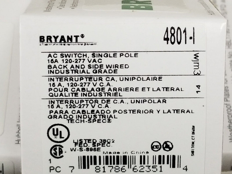 BOX OF 10 NEW BRYANT 4801-I AC SWITCHES, SINGLE POLE 15A, 120-277 VAC, 4801I