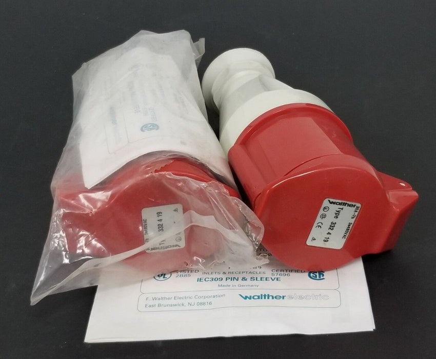 LOT OF 2 NEW IN BAG WALTHER 332-4-19 IEC309 PIN AND SLEEVE SPLASHPROOF CONNECTOR