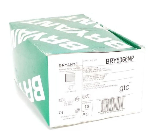 BOX OF 10 NEW BRYANT BRY5366NP NYLON PLUGS 20A, 125V NEMA 5-20P, 2P, 3W, GRD
