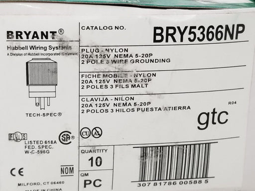 BOX OF 10 NEW BRYANT BRY5366NP NYLON PLUGS 20A, 125V NEMA 5-20P, 2P, 3W, GRD