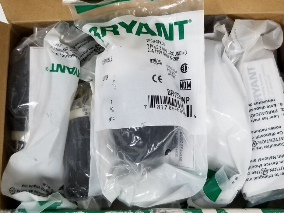 BOX OF 10 NEW BRYANT BRY5366NP NYLON PLUGS 20A, 125V NEMA 5-20P, 2P, 3W, GRD