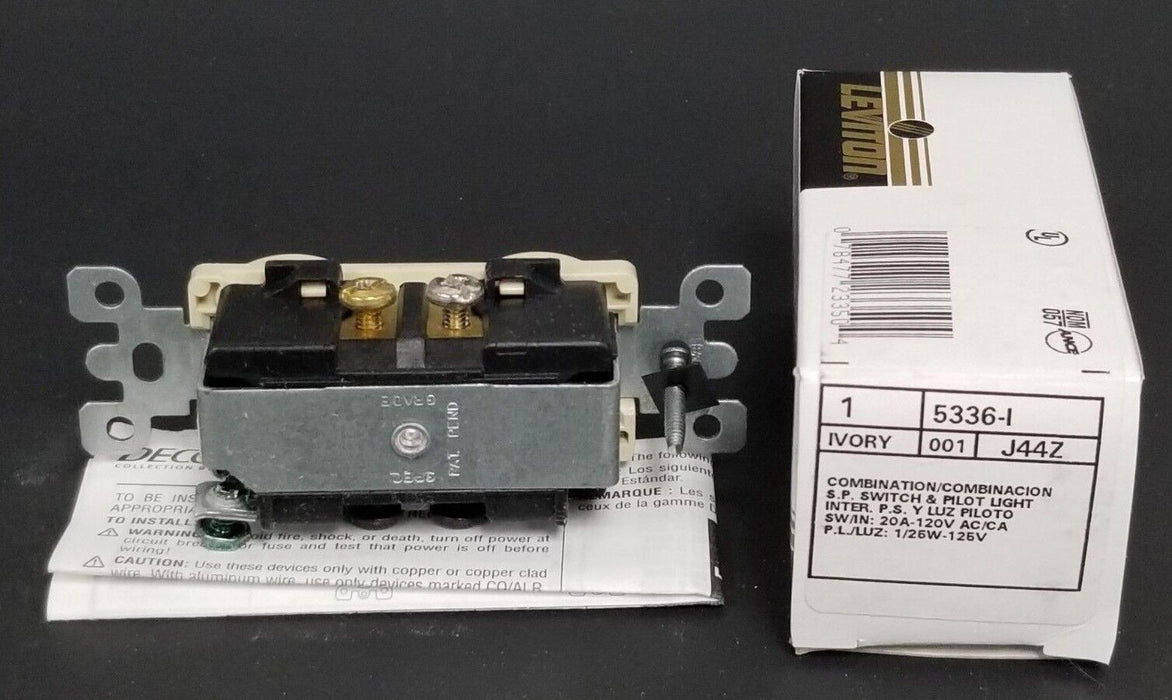 BOX OF 7 NEW LEVITON 5336-I COMBINATION S.P. SWITCHES & PILOT LIGHTS 20A-120V