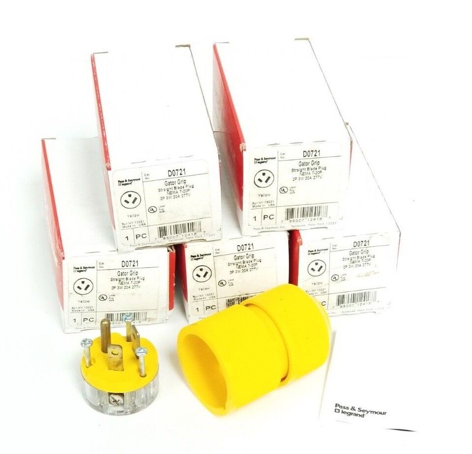 LOT OF 5 NEW PASS & SEYMOUR D0721 LEGRAND GATOR GRIP STRAIGHT BLADE PLUGS, 2P 3W