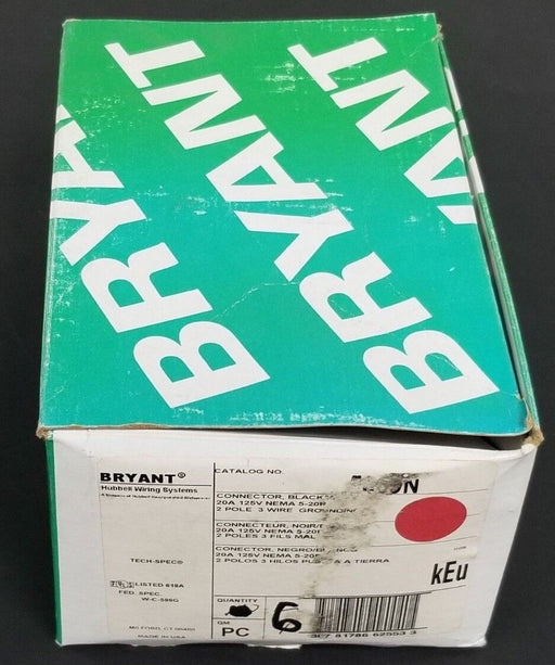BOX OF 6 NEW BRYANT 5369N CONNECTORS BLACK/WHITE 20A 125V NEMA 5-20R 2P 3W