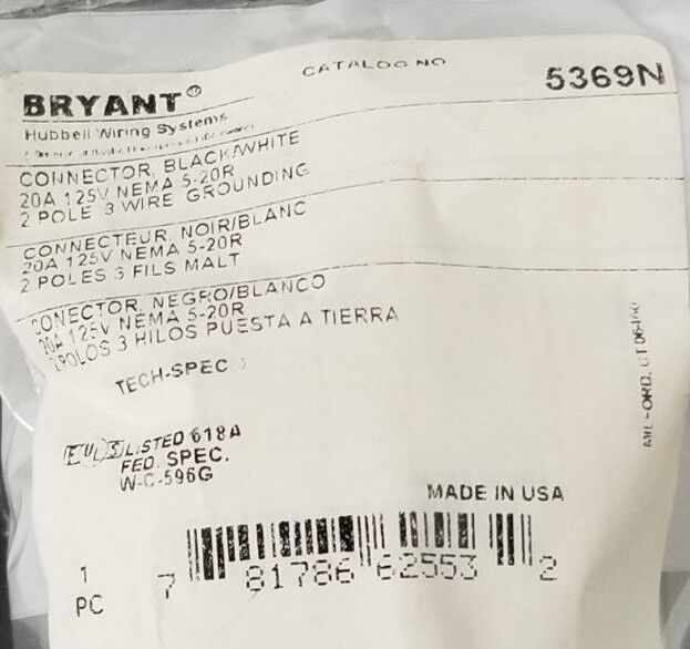 BOX OF 6 NEW BRYANT 5369N CONNECTORS BLACK/WHITE 20A 125V NEMA 5-20R 2P 3W