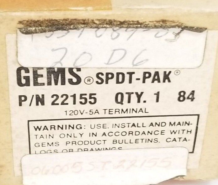 NIB GEMS SENSORS 22155 SPDT-PAK RELAY ST-22155 120VAC-5A