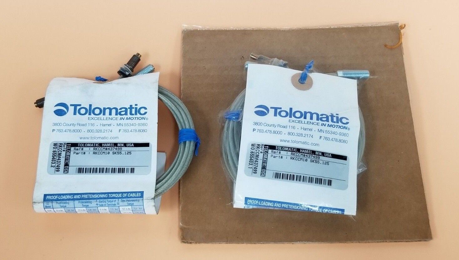 LOT OF 2 NEW TOLOMATIC RKCCM10 SK55.125 PRETENSIONING TORQUE CABLES