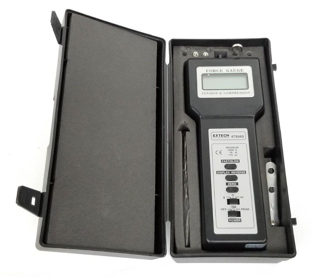 EXTECH 475040 TENSION & COMPRESSION FORCE GAUGE 5000G 49N 176oz. W/ ATTACHMENTS