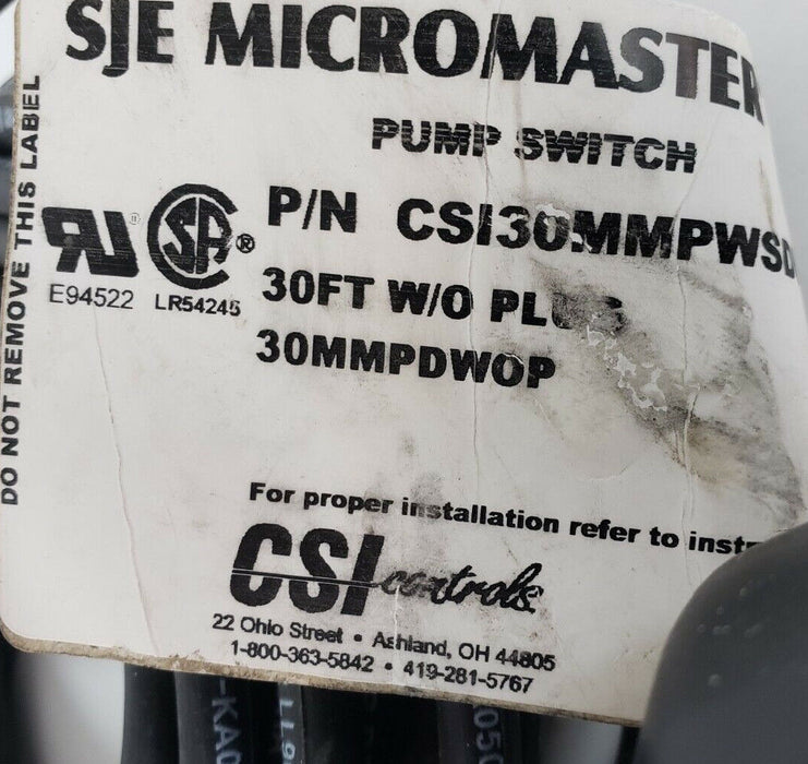 CSI CONTROLS / SJE MICROMASTER PLUS CSI30MMPWSDWOP PUMP SWITCH 30MMPDWOP, 30FT