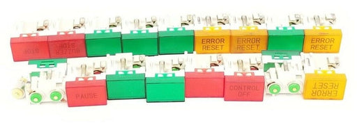 LOT OF 17 GENERIC RED/ORANGE/GREEN STOP/RESET/START CONTROL PANEL PUSHBUTTONS