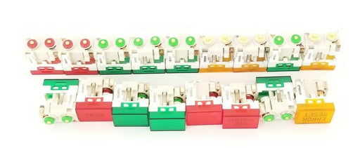 LOT OF 17 GENERIC RED/ORANGE/GREEN STOP/RESET/START CONTROL PANEL PUSHBUTTONS
