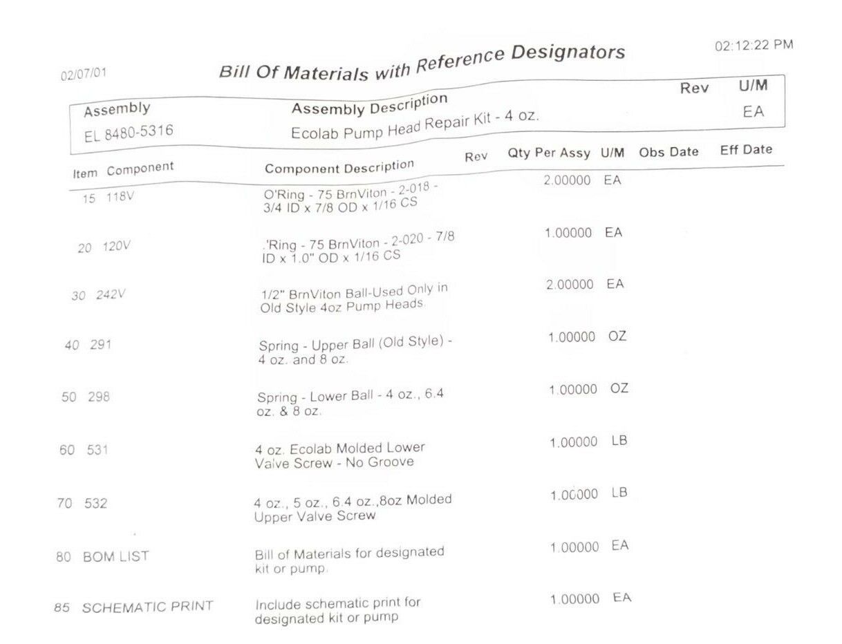 NEW ECOLAB 8480-5316 PUMP HEAD REPAIR KIT 4oz. 298 242V 532 291 118V 531 120V