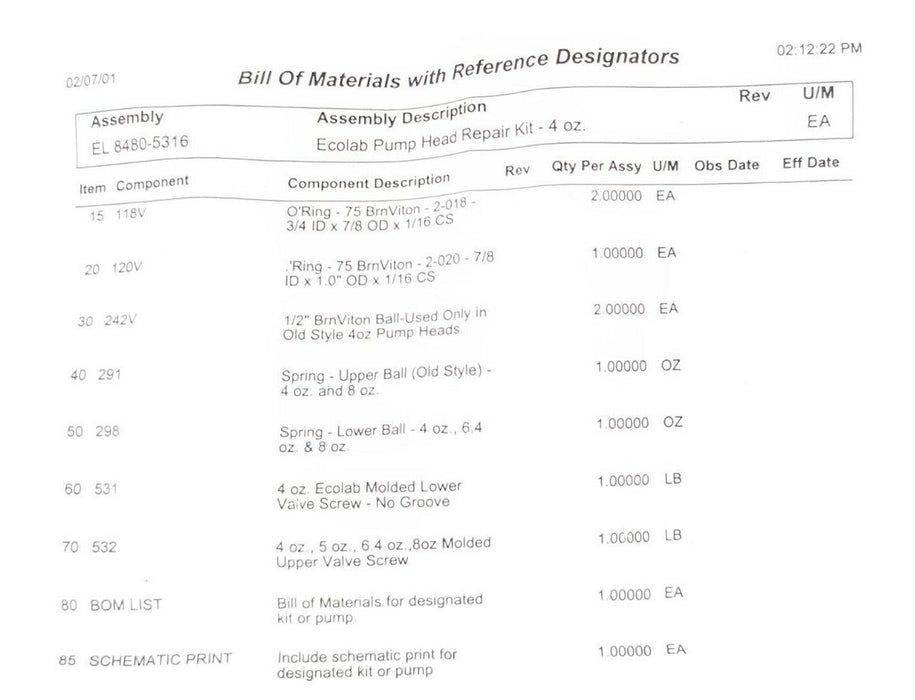 NEW ECOLAB 8480-5316 PUMP HEAD REPAIR KIT 4oz. 298 242V 532 291 118V 531 120V