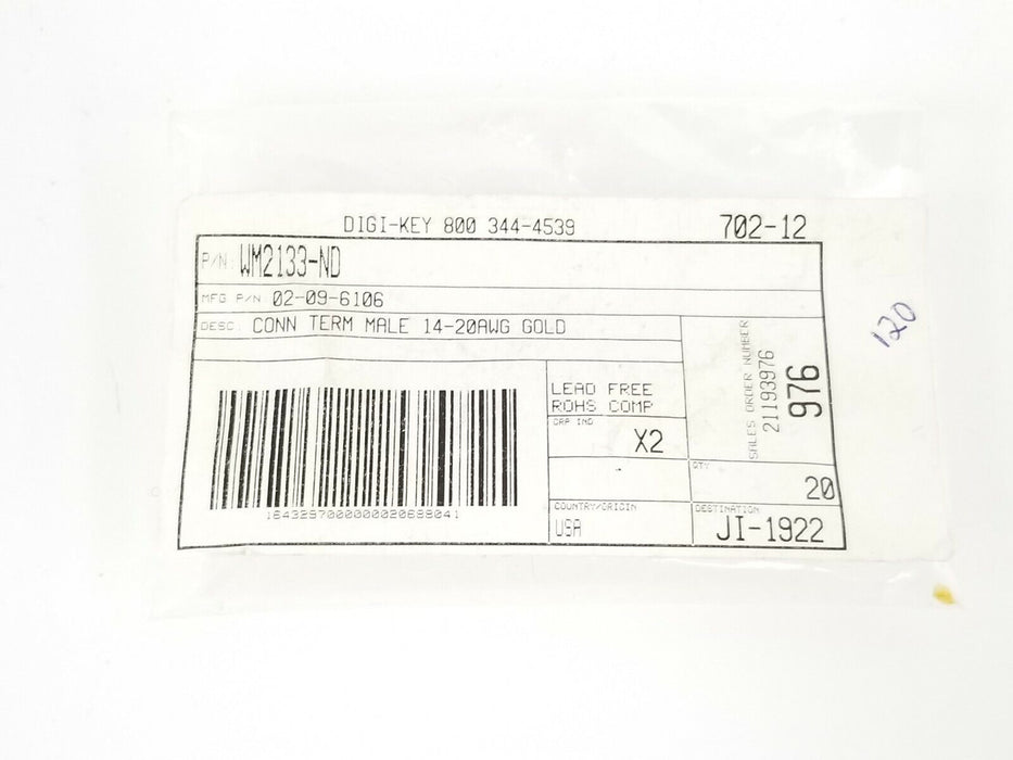 BAG OF 120 NEW MOLEX / DIGI-KEY 02-09-6106 GOLD CONN. TERMINALS .093 MALE 14-20