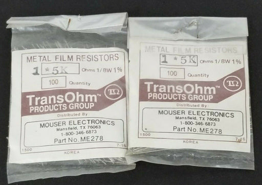 LOT OF 200 NEW MOUSER ELECTRONICS ME278 METAL FILM RESISTORS 1*5K OHMS, 1/8W 1%