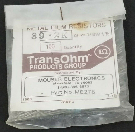 LOT OF 100 NEW MOUSER ELECTRONICS ME278 METAL FILM RESISTORS 89*2K OHMS, 1/8W 1%