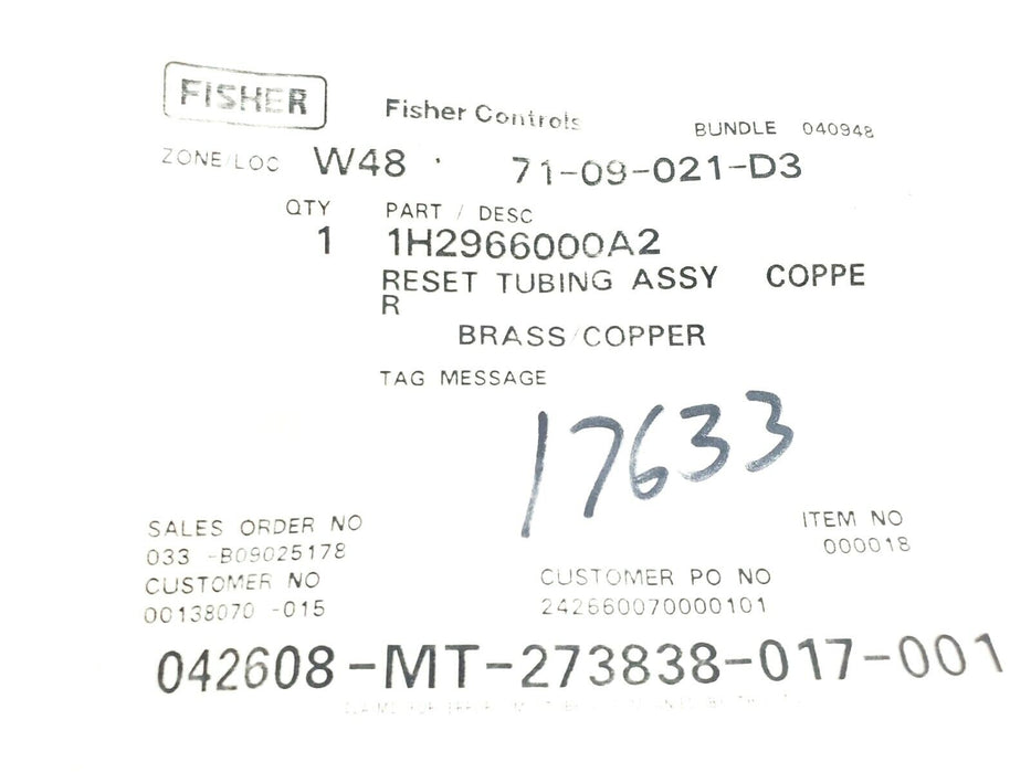 LOT OF 2 NEW FISHER CONTROLS 1H2966000A2 RESET TUBING ASSEMBLIES