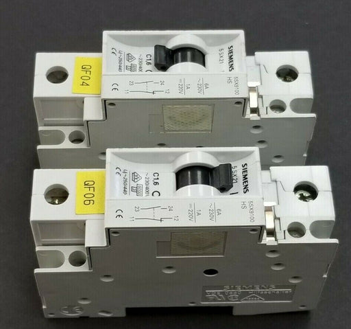 LOT OF 2 SIEMENS 5SX21-C1-6 CIRCUIT BREAKERS W/ 5SX9100-HS CONTACT BLOCKS
