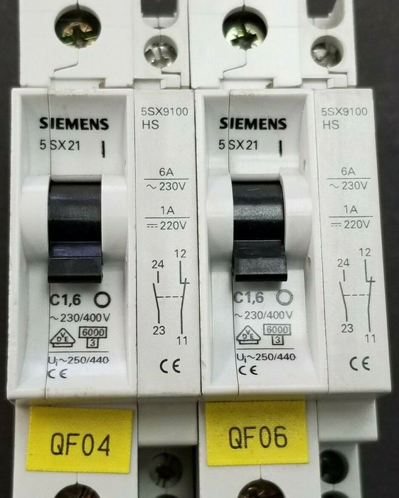 LOT OF 2 SIEMENS 5SX21-C1-6 CIRCUIT BREAKERS W/ 5SX9100-HS CONTACT BLOCKS