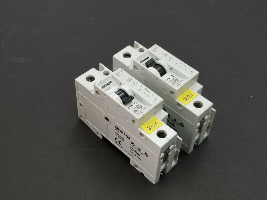 LOT OF 2 SIEMENS 5SX21-C1-6 CIRCUIT BREAKERS W/ 5SX9100-HS CONTACT BLOCKS