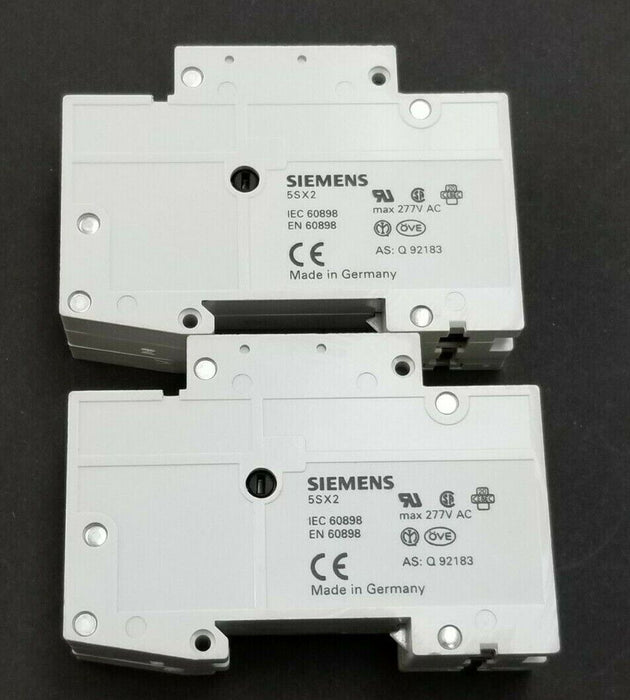 LOT OF 2 SIEMENS 5SX21-C1-6 CIRCUIT BREAKERS W/ 5SX9100-HS CONTACT BLOCKS