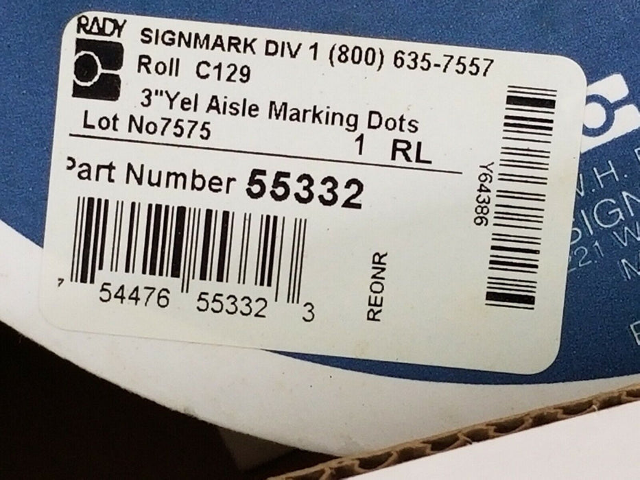 NIB BRADY 55332 ROLL C129 3" YELLOW AISLE MARKING DOTS, ROLL OF 1000