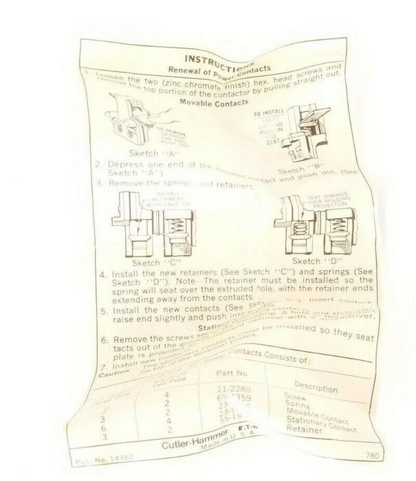 NEW CUTLER-HAMMER 6-22-2 CONTACT KIT, 3-POLE, SIZE 0, 6222 (INCOMPLETE)