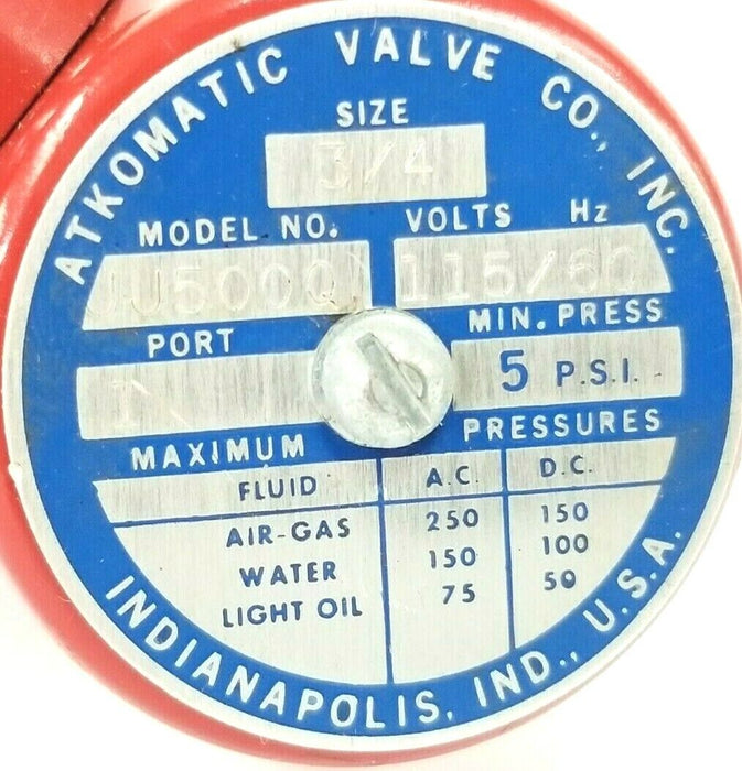 NIB ATKOMATIC JJ-500-Q 2-WAY SOLENOID VALVE 3/4" 115V/60HZ JJ500Q JJ-500 JJ500