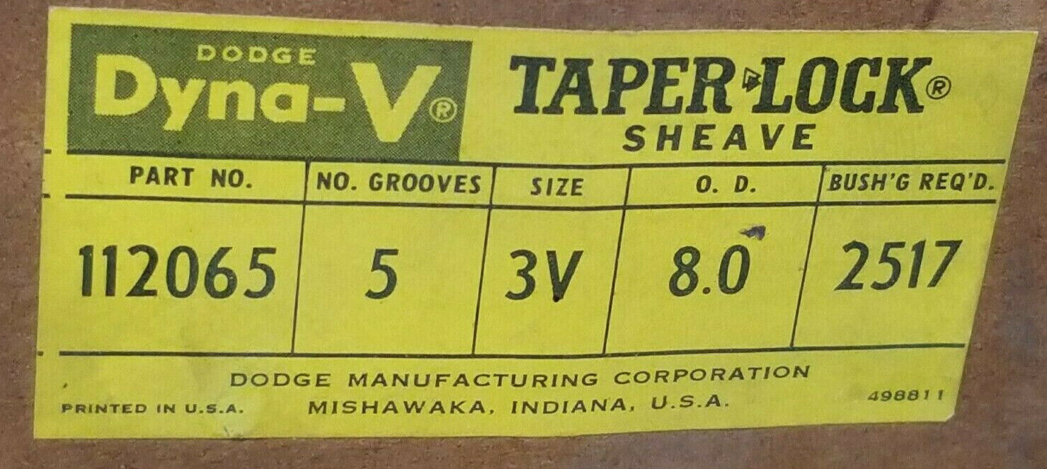 NIB DODGE DYNA-V 112065 TAPER-LOCK SHEAVE 5 GROOVE 3V 8.0 OD. 2517