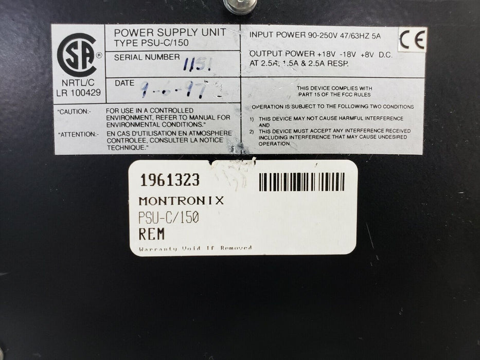 MONTRONIX PSU-C/150 POWER SUPPLY 90-250V 47/63HZ 5A 18VDC PSUC150 (REPAIRED)
