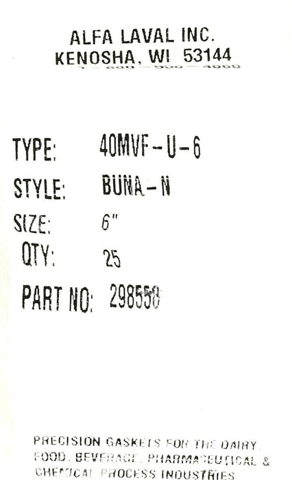 LOT OF 21 NEW ALPHA LAVAL INC. 40MVF-U-6 BUNA-N 6'' GASKETS 298558