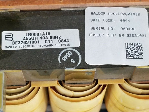 BALDOR / BASLER LR0001A16 REACTOR TRANSFORMER 455UH 40A 60HZ BR-32631001