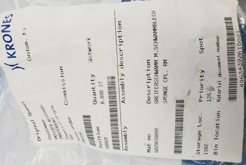 NEW KRONES G029030890 GRIPPER SPONGE PLATE ASSEMBLY CPL. RM 20814373